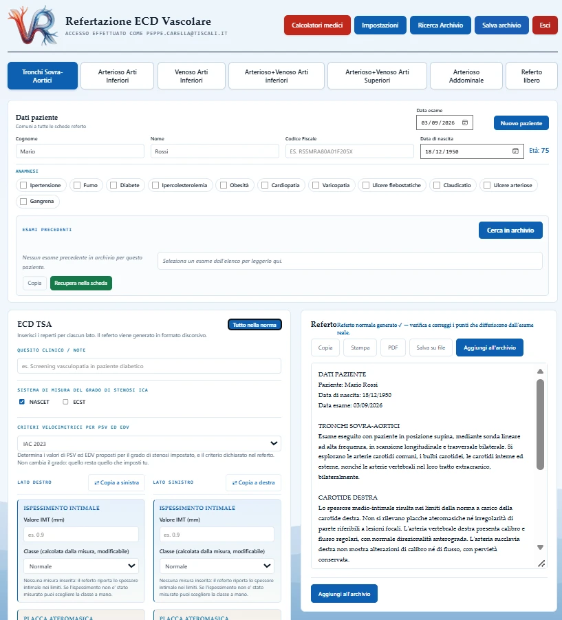 Schermata principale di VascularReport con le sette schede di refertazione e il pannello dei dati paziente