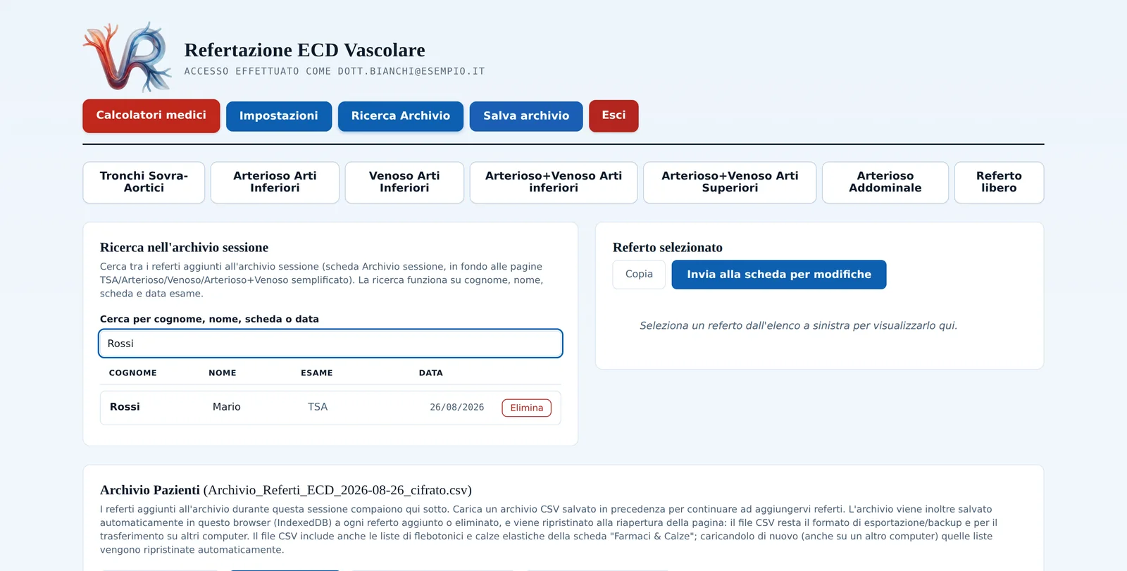 Ricerca nell'archivio dei referti per cognome, tipo di esame e data