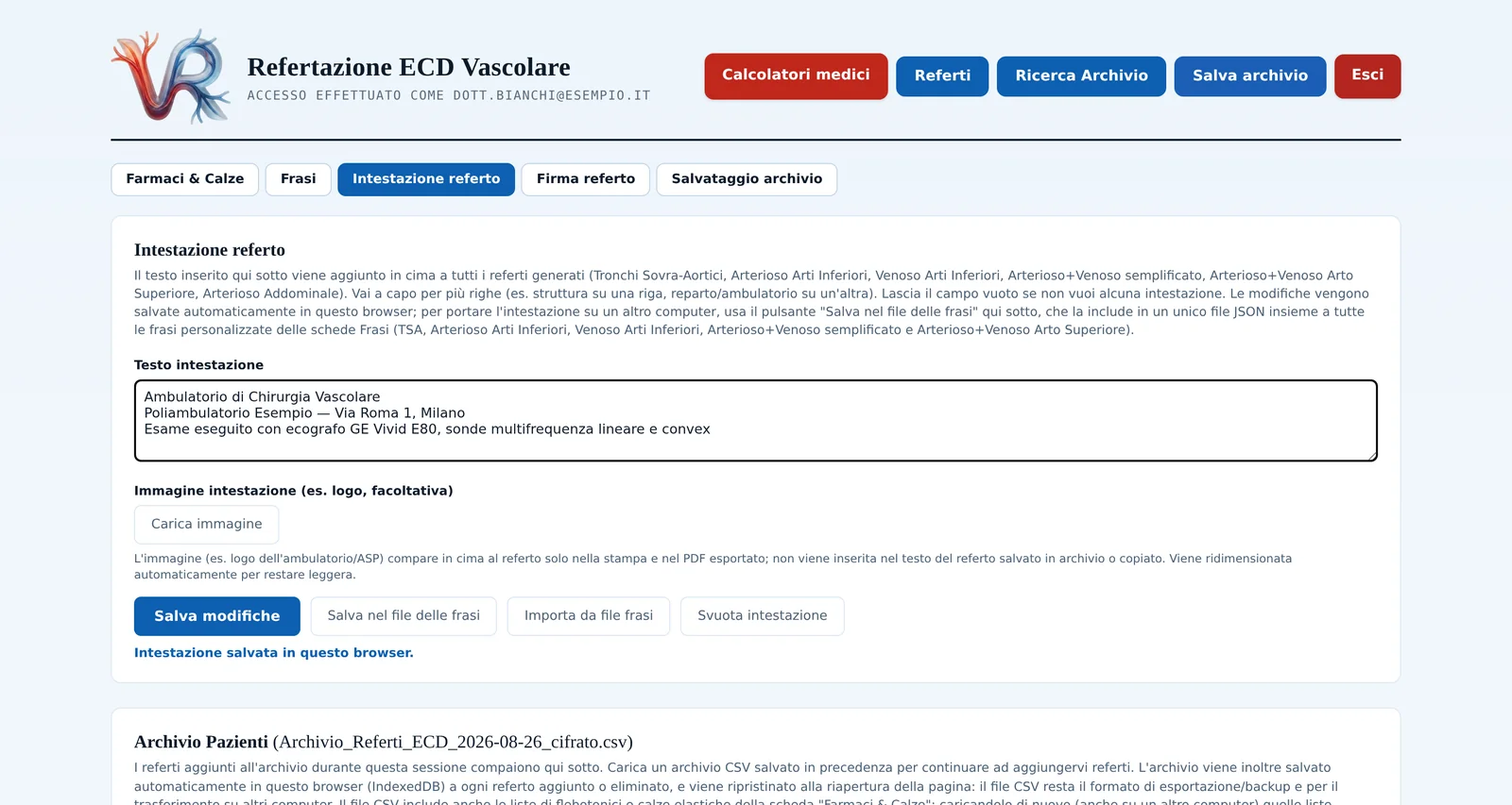 Impostazioni dell'intestazione del referto, con testo su più righe e logo