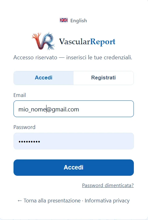 Schermata di accesso a VascularReport