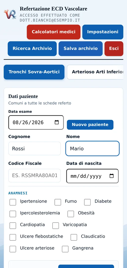 VascularReport aperto su smartphone, con le schede in colonna singola