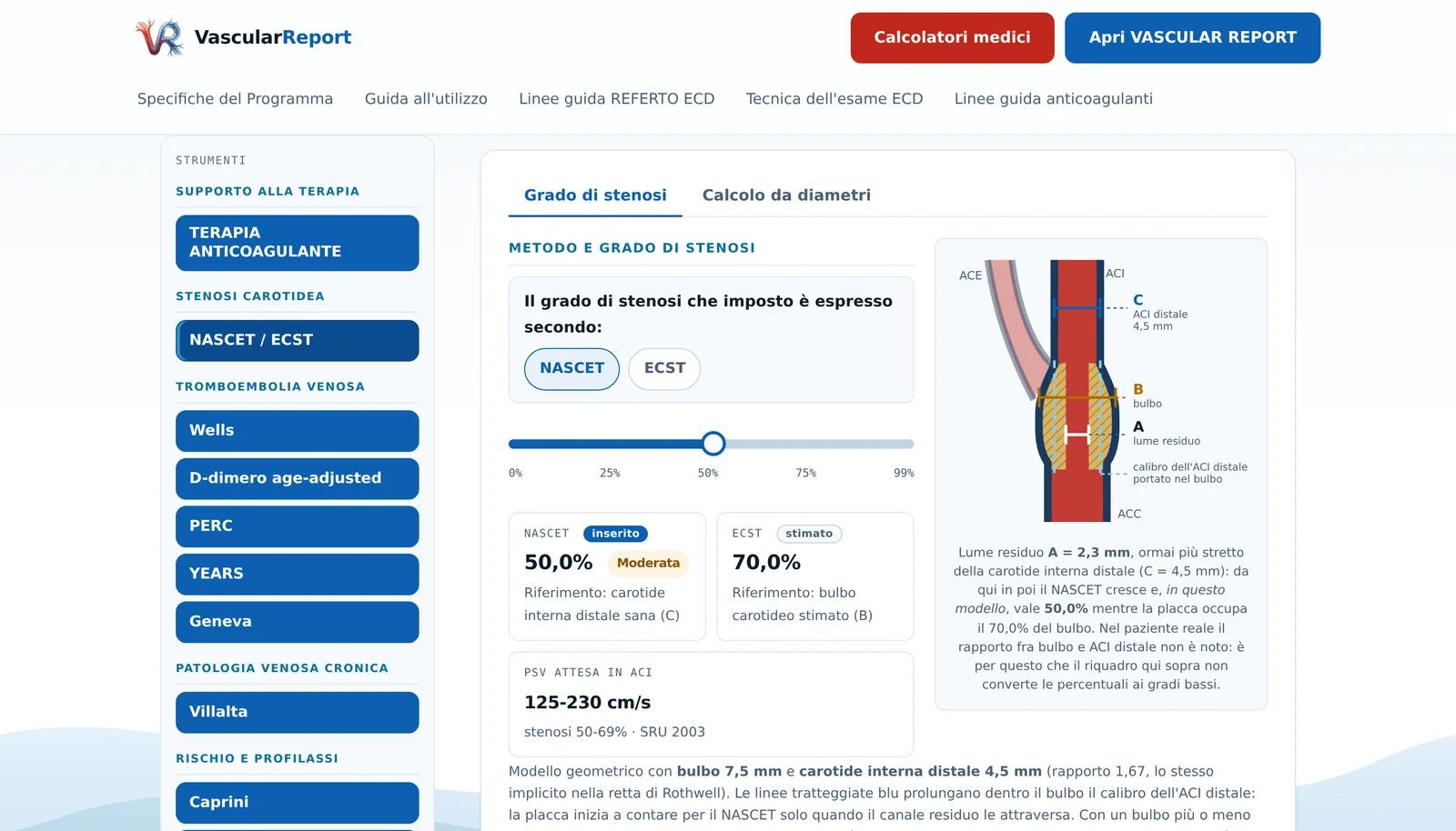 Calcolatore interattivo NASCET ed ECST per il grado di stenosi carotidea