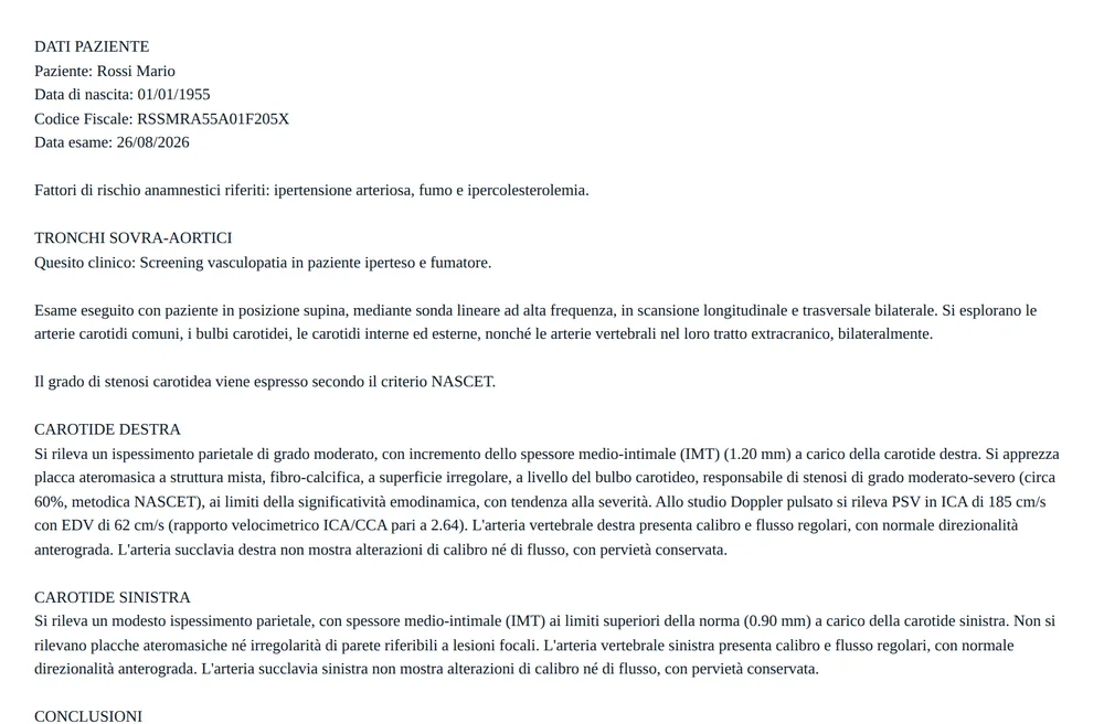 Anteprima di stampa del referto su foglio A4