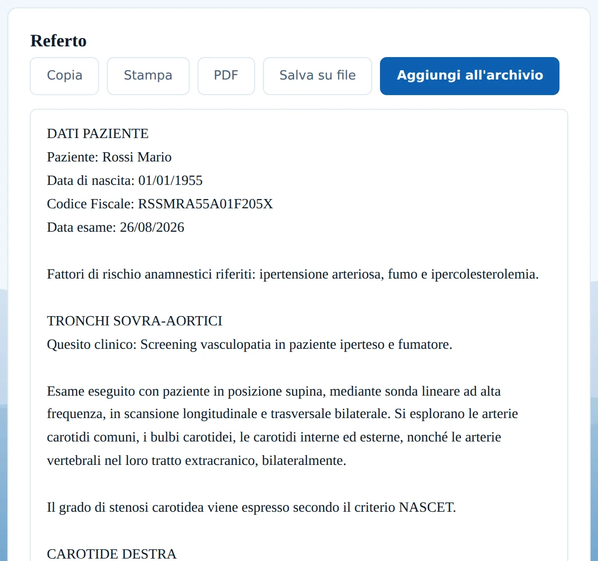Referto generato automaticamente in formato discorsivo